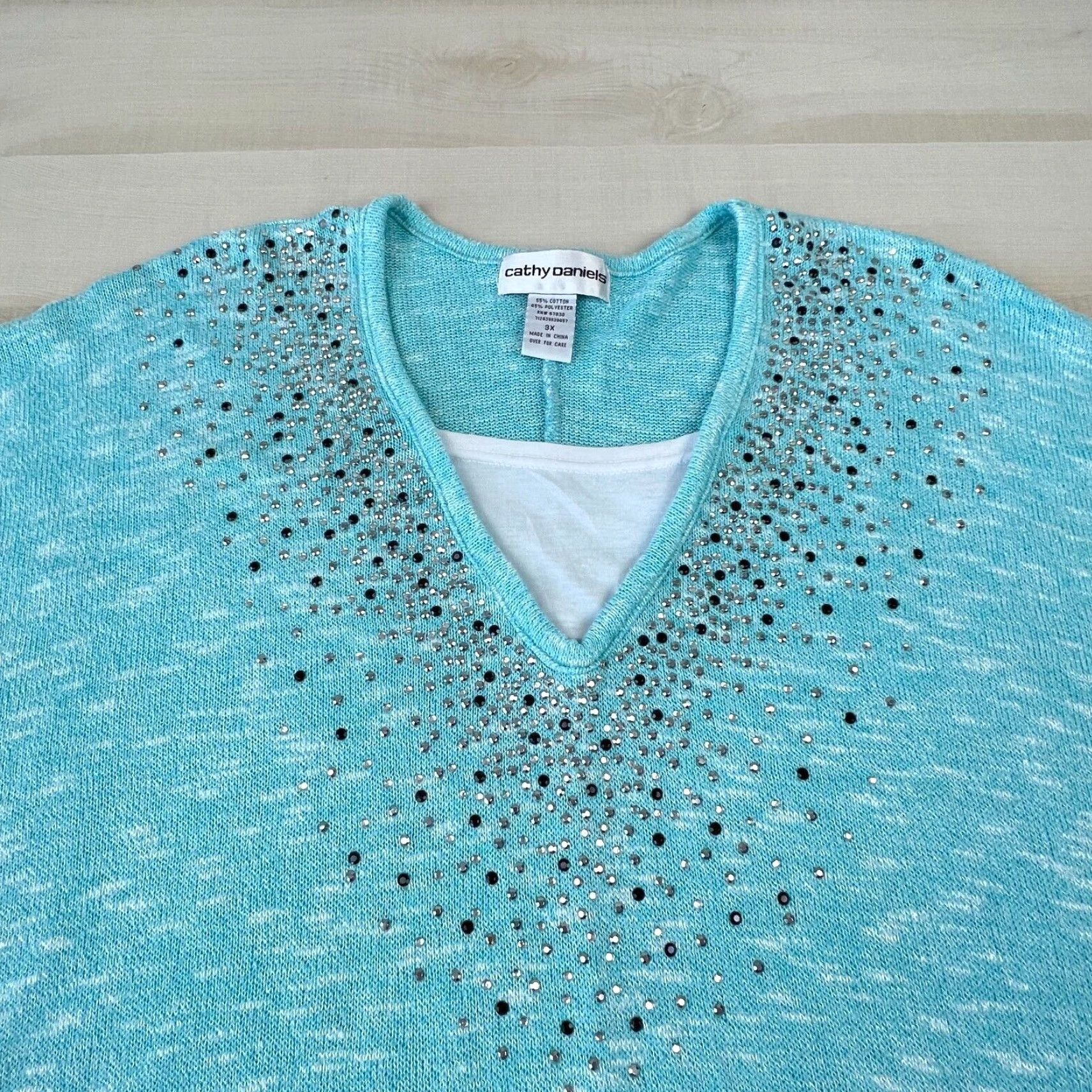 Vintage Womens Sweater Cathy Daniels 3X Extra Large Blue Rhinestones Pullover Size XXL / US 16-18 / IT 52-54 - 2 Thumbnail