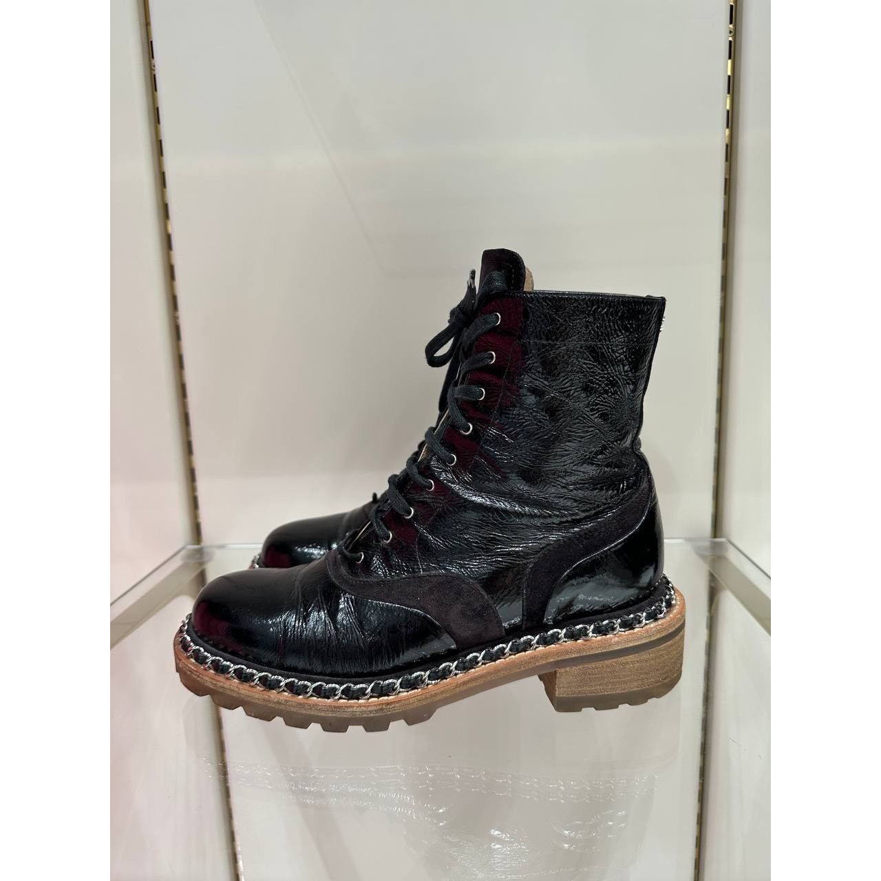Chanel Chanel 2015 Brown Patent Leather Ankle Combat Boots Sz.38 Size US 7 / IT 37 - 1 Thumbnail