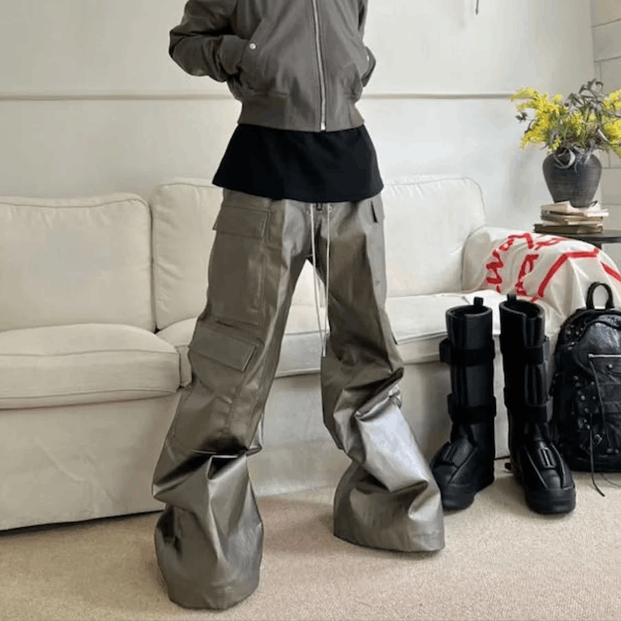 Japanese Brand × Leather Leather Pants Hombre Baggy Wide Leg Drawstring Size US 35 - 4 Thumbnail