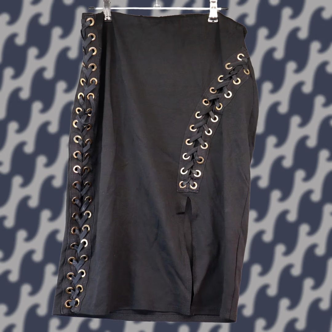 Vintage VINTAGE Touch Me Skirt Long A-Line Black L Womens 90s Casual Polyester Tie Side Metal Eyelets USA Size 36" / US 14 / IT 50 - 1 Thumbnail