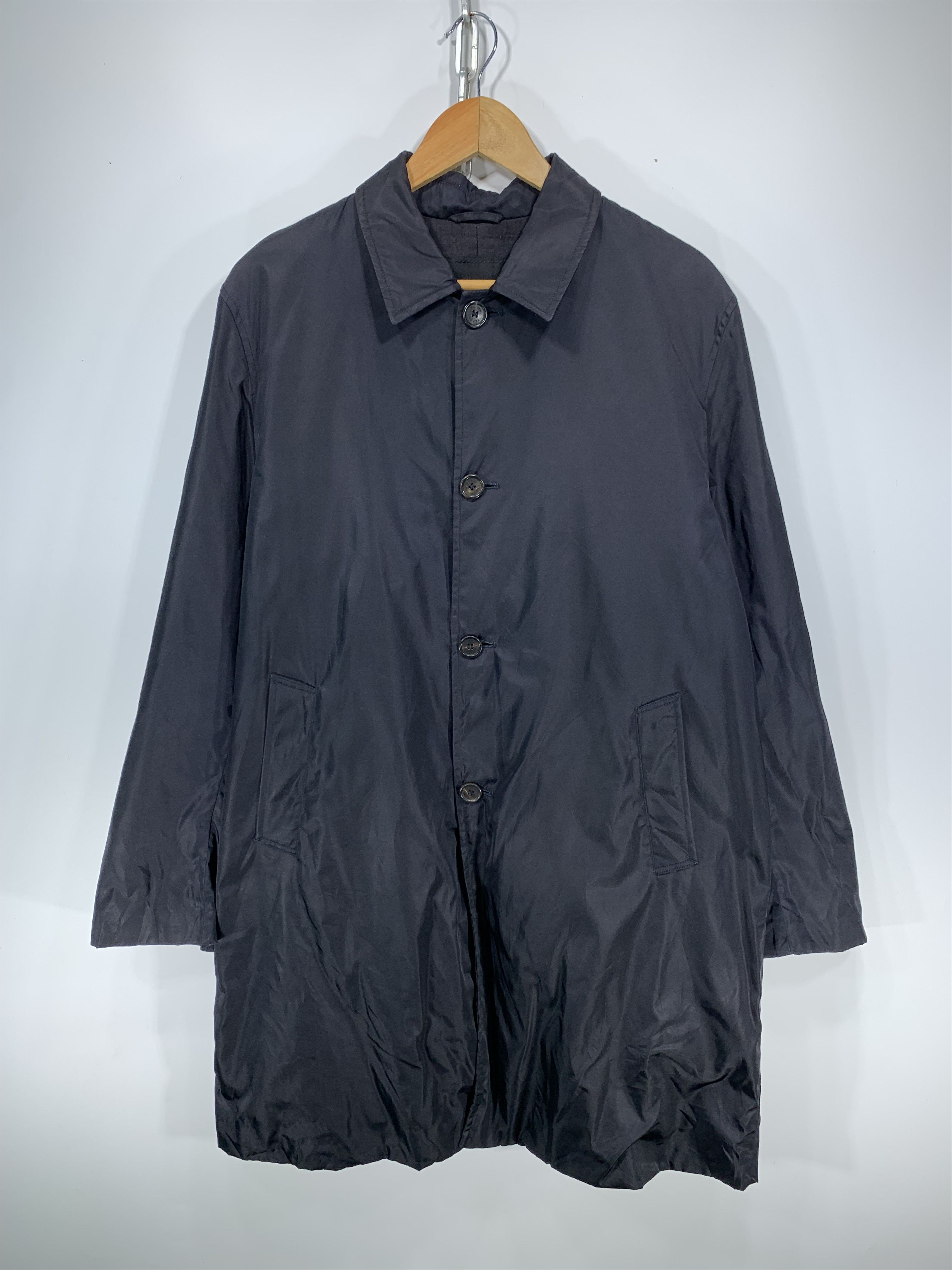 image of Designer Vintage Prada Milano Nylon Long Coat Button in Black Shine, Men's (Size Small)