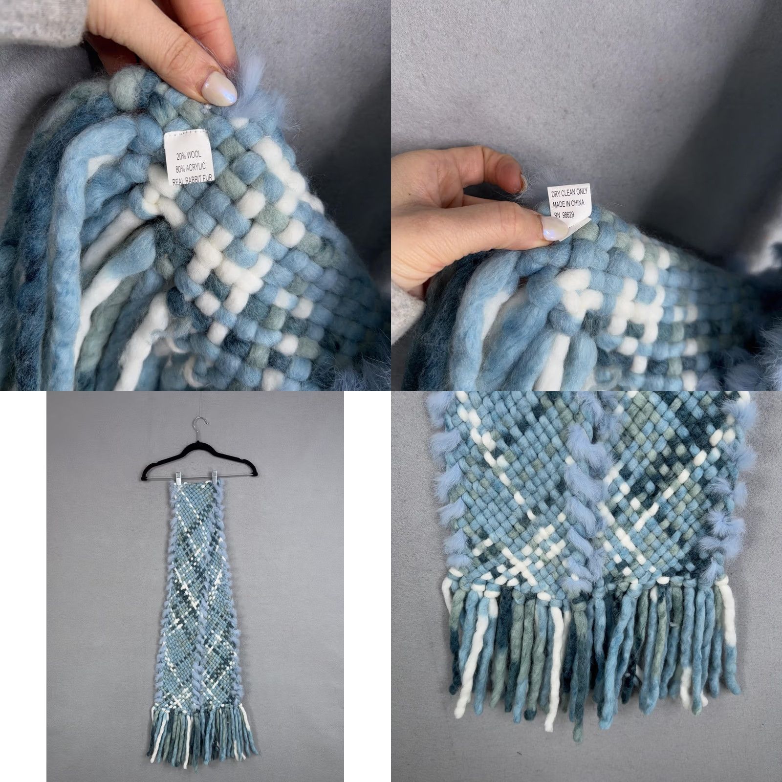 Vintage Wool Rabbit Fur Scarf Womens One Size Blue Plaid Chunky Knit Fringe Winter Cozy Size ONE SIZE - 8 Thumbnail