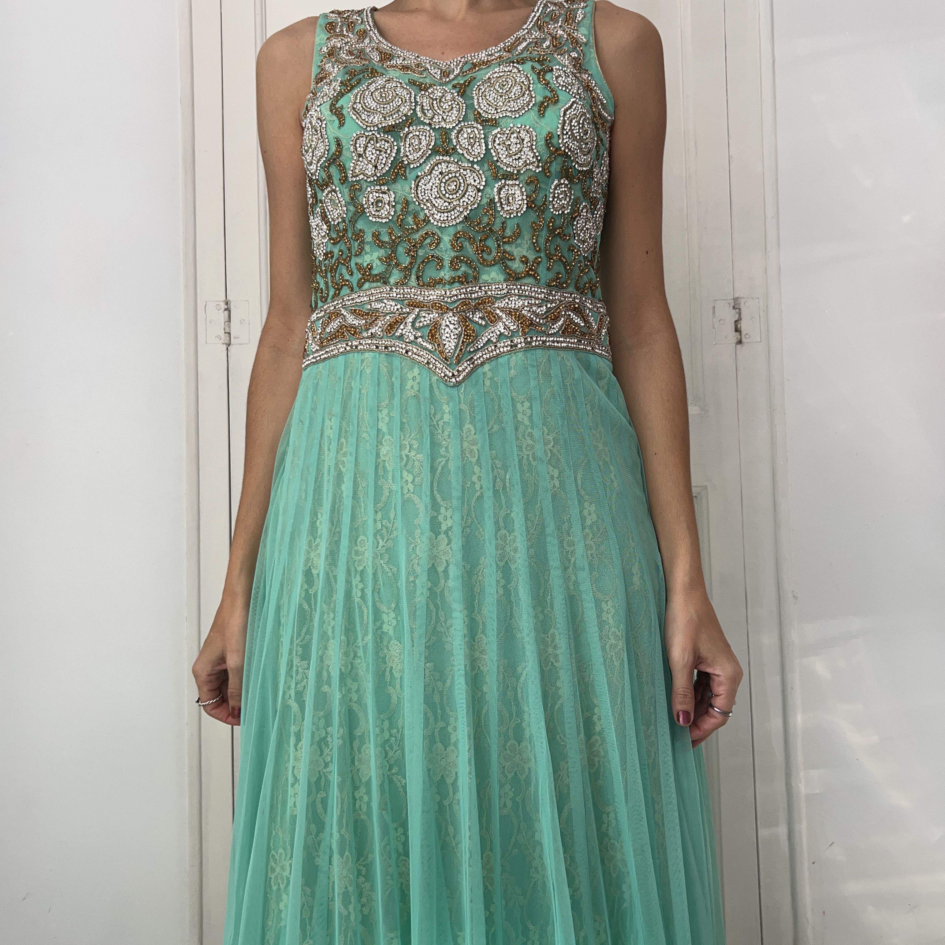 Vintage Mint Green Gold Embroidered Anarkali Gown Size M / US 6-8 / IT 42-44 - 2 Thumbnail