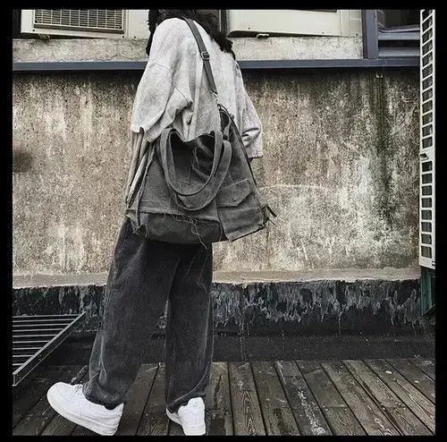 Tote Bag Canvas Single Vintage Solid Hasp Shoulder Bag in Black, Men's