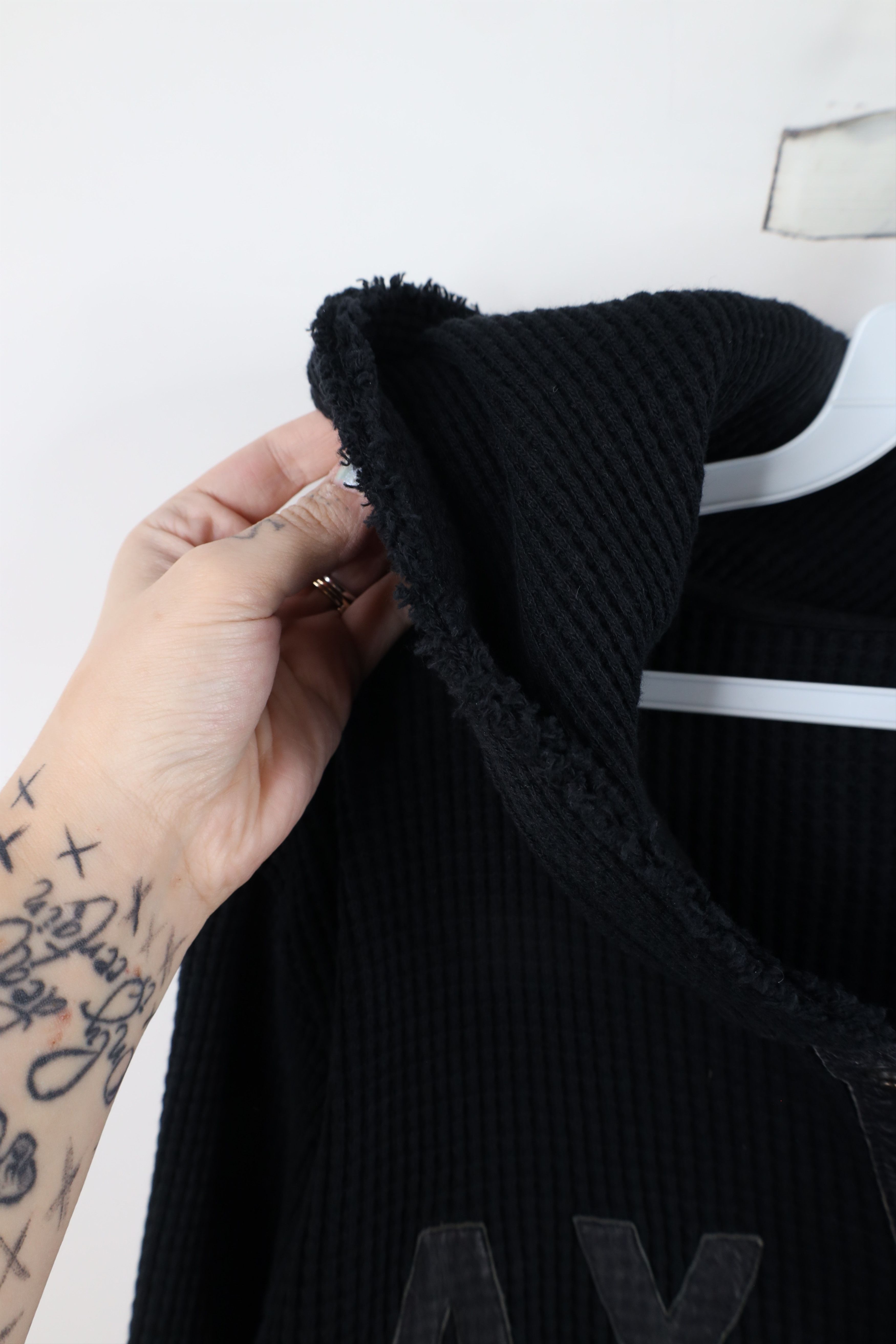 Armani Exchange × Vintage Armani Exchange Leather Trim Thermal Waffle Knit Hoodie Size US L / EU 52-54 / 3 - 8 Thumbnail