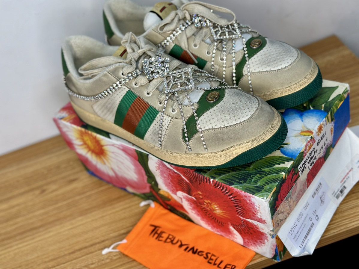 Gucci Off White Green Distressed Leather Crystal Screener Sneakers Size US 14 / EU 47 - 10 Thumbnail