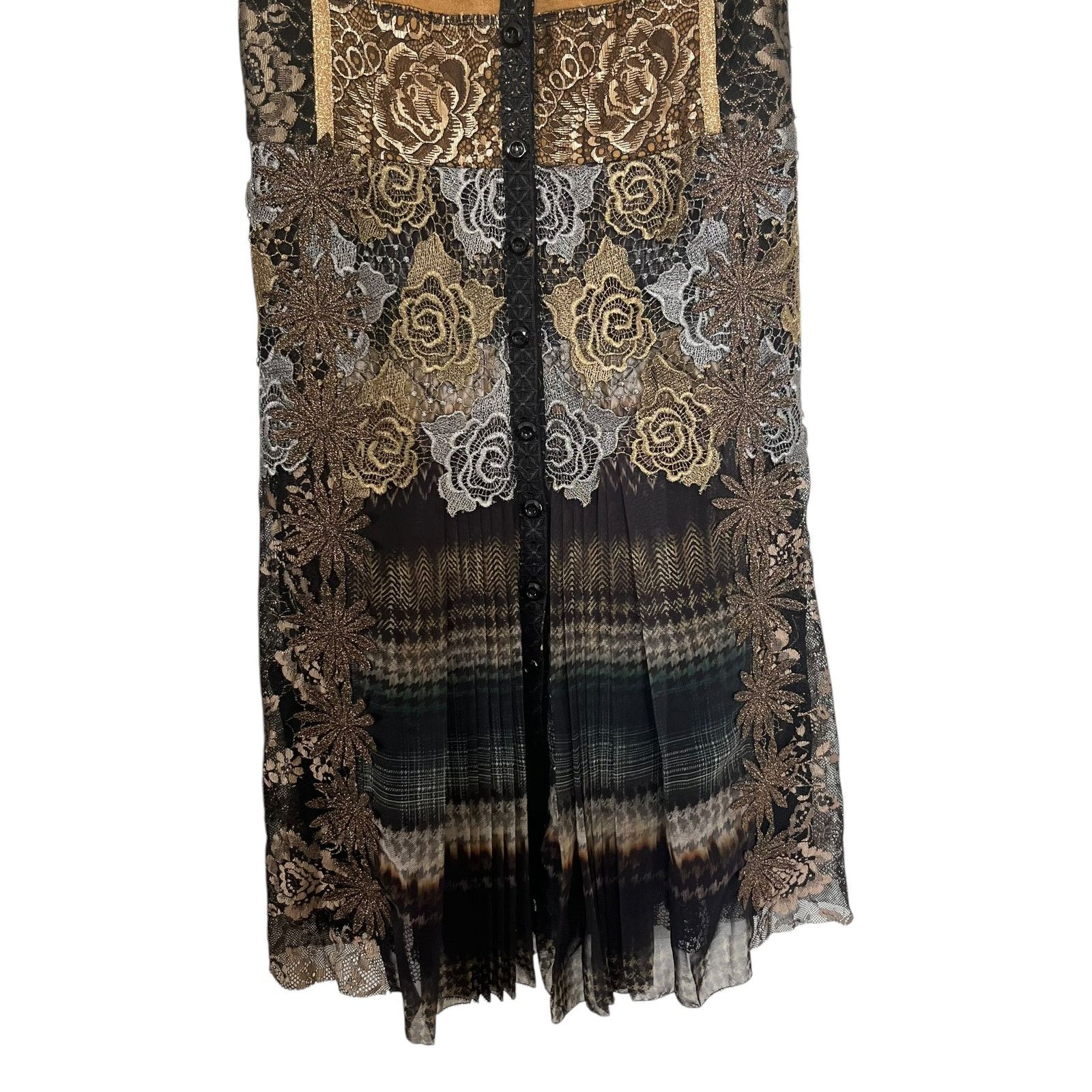 Byron Lars Beauty Mark Pleated Lace Mixed Media Midi Dress