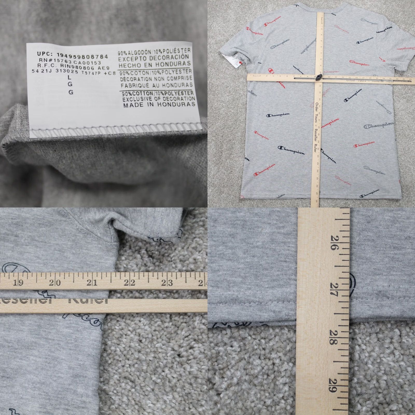 Champion Champion AOP Shirt Mens Large Gray All Over Cotton/Poly Blend S/S Pullover Size US L / EU 52-54 / 3 - 8 Thumbnail