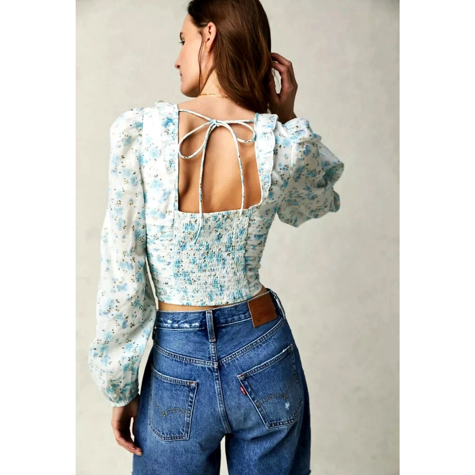 Free People Free People Another Life Top White Combo Blue Floral Print L Size L / US 10 / IT 46 - 6 Thumbnail