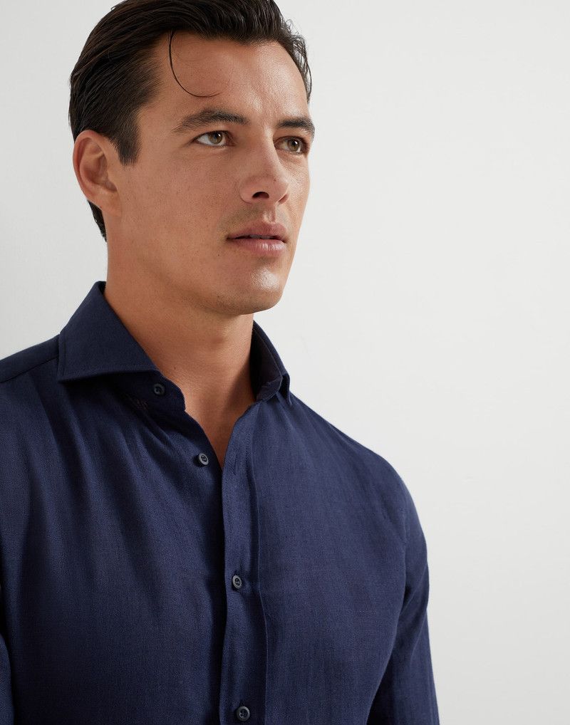 Brunello Cucinelli o1la1rc1a0326 Linen Easy Fit Shirt in Blue Size US XL / EU 56 / 4 - 3 Thumbnail