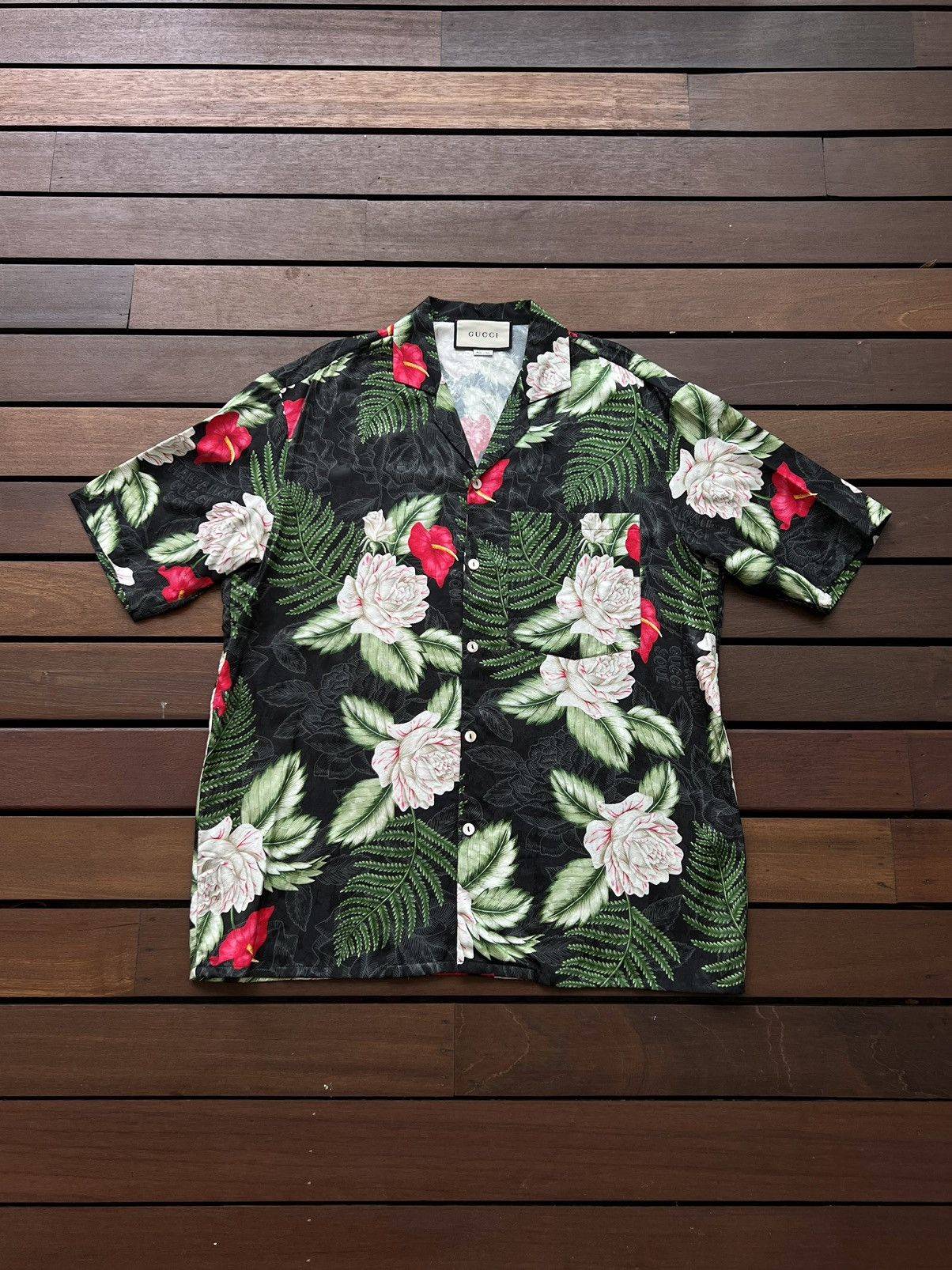 SS20 Gucci Camp-Collar Floral-Print Satin-Jacquard Shirt
