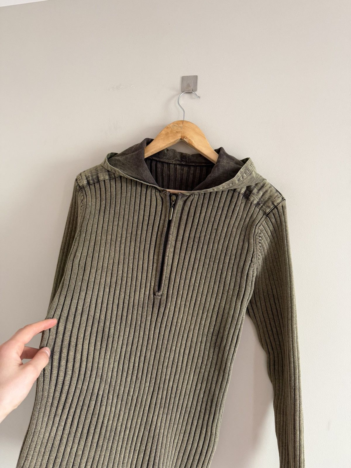 Japanese Brand Khaki Ribbed Hooded Sweater Half-Zip Size US M / EU 48-50 / 2 - 2 Thumbnail