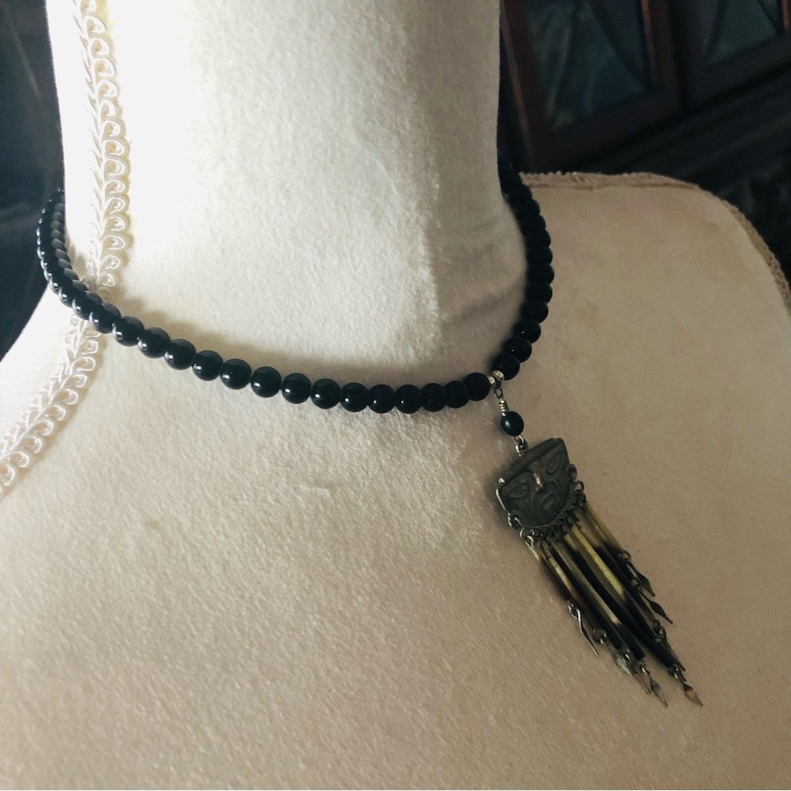 Handmade Handcrafted repurpose tribal look face fringe Pearl necklace Size ONE SIZE - 4 Thumbnail
