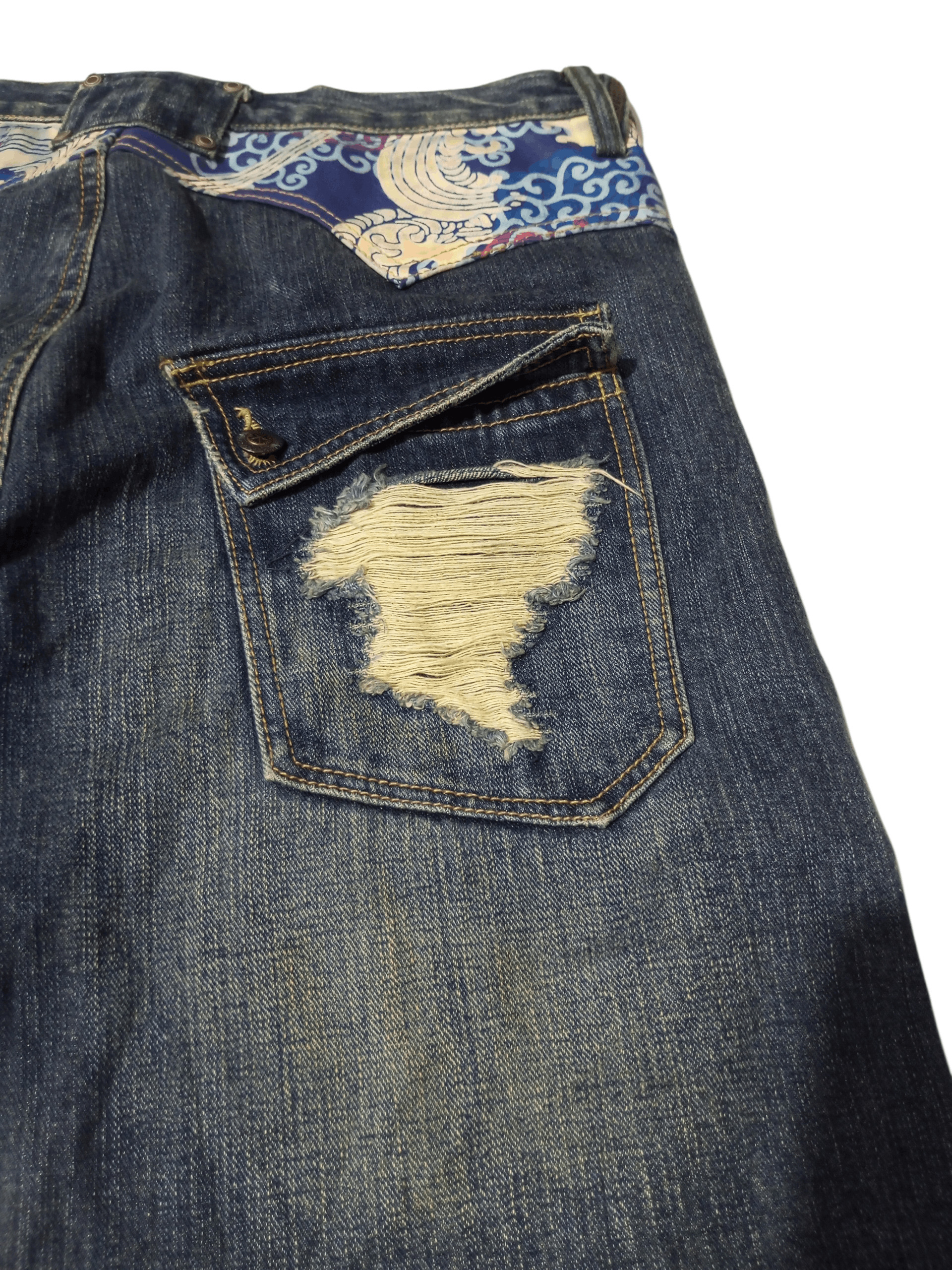 Karakuri Tamashii Vintage exhibitionist embroidery distressed flared denim Size US 33 - 3 Thumbnail