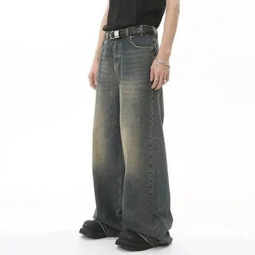 Blue Whiskered Distressed Baggy Straight Wide Leg Jeans