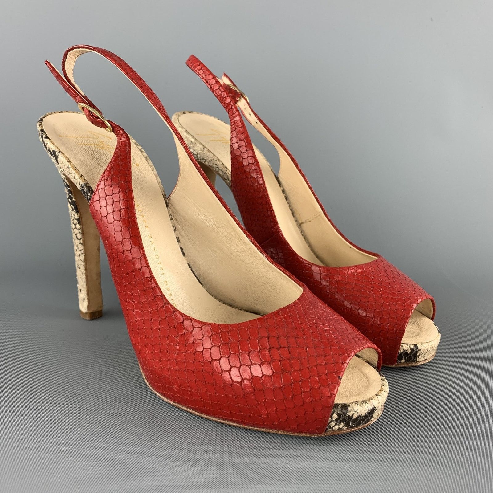 Giuseppe Zanotti 8 Red & Beige Snake Skin Slingback Peep Toe Pumps Size US 8 / IT 38 - 2 Thumbnail
