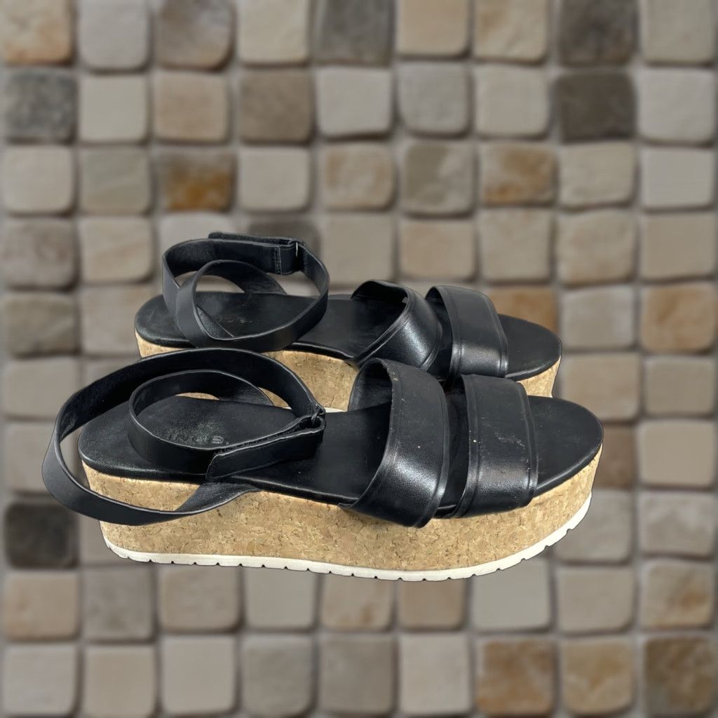 Vince Vince Jet Black Leather Wedge Sandals Women 7.5 M Cork Platform Ankle Strap Size US 8 / IT 38 - 1 Thumbnail