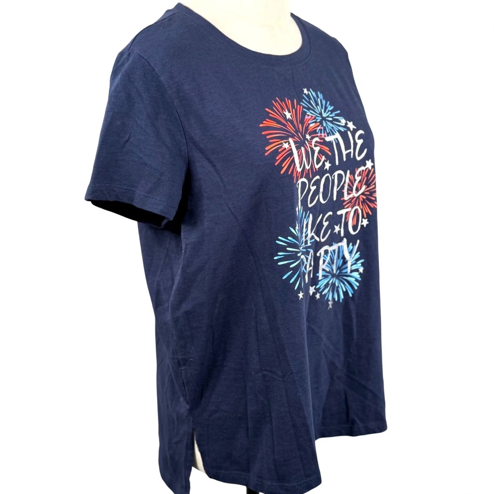 Vintage Americana T Shirt XL Slub Knit Red White Blue Patriotic Fireworks Holiday Shirt Womens XL Navy Blue Stars Quotes Party Casual Resort Celebrations Size XL / US 12-14 / IT 48-50 - 5 Thumbnail