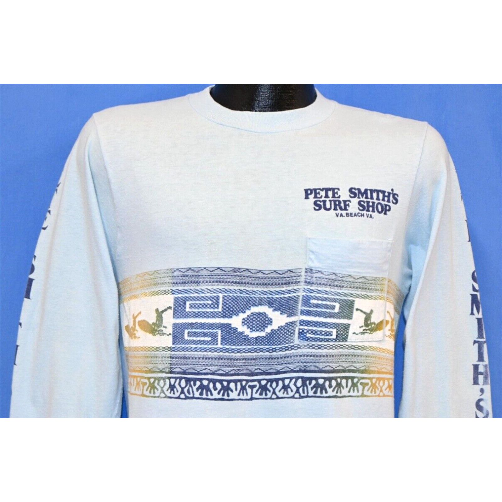 image of Vintage VTG 70's Pete Smiths Surf Shop Virginia Beach Tribal Long Sleeve T-Shirt Small S in White