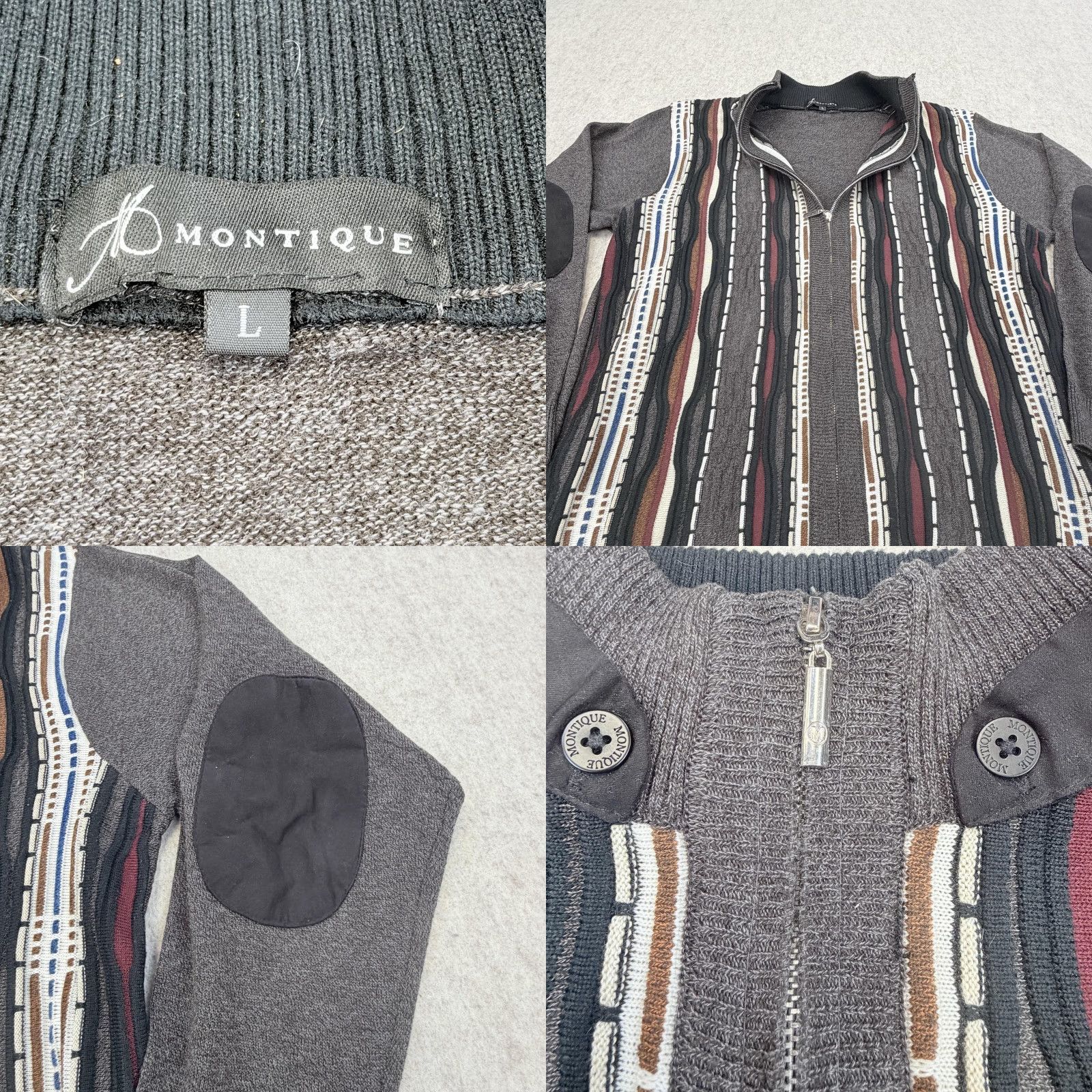 Vintage Montique Sweater Mens Large Gray Full Zip Mock Neck 3D Knit Elbow Patch Striped Knit Size US L / EU 52-54 / 3 - 8 Thumbnail