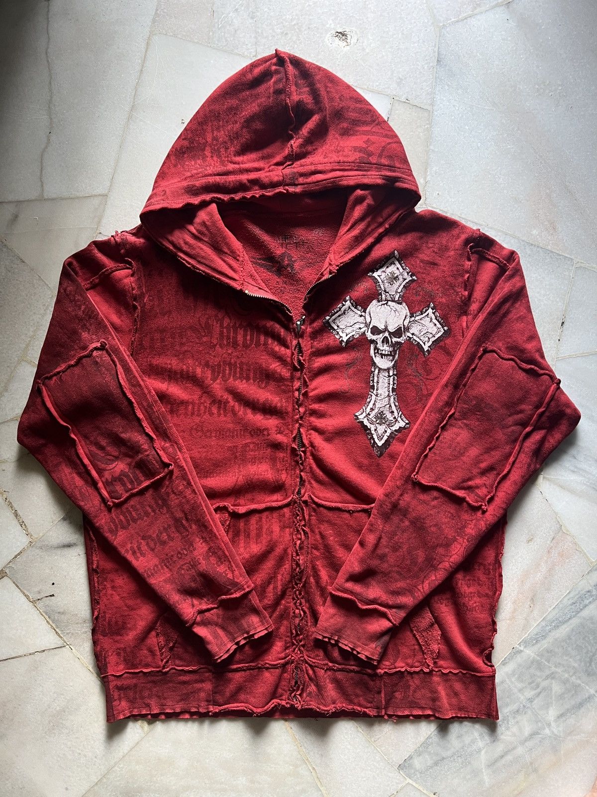 Affliction × Vintage Vintage Y2K Affliction Saints Red and Burgundy Zip Up Hoodie Size US XL / EU 56 / 4 - 2 Thumbnail