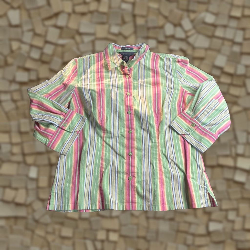 Van Heusen VINTAGE? (No) Van Heusen Shirt Women’s L Pink Green Striped Button-Up Long Sleeve Collared Casual Cotton Blend Regular Fit Womens Size L / US 10 / IT 46 - 1 Thumbnail