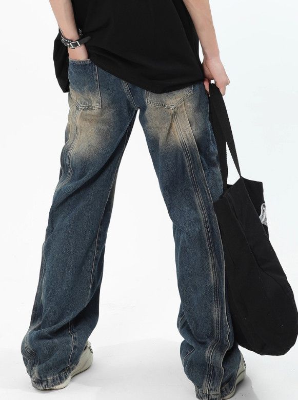Japanese Brand Men's loose distressed wide-leg straight patchwork jeans Size US 32 / EU 48 - 3 Thumbnail