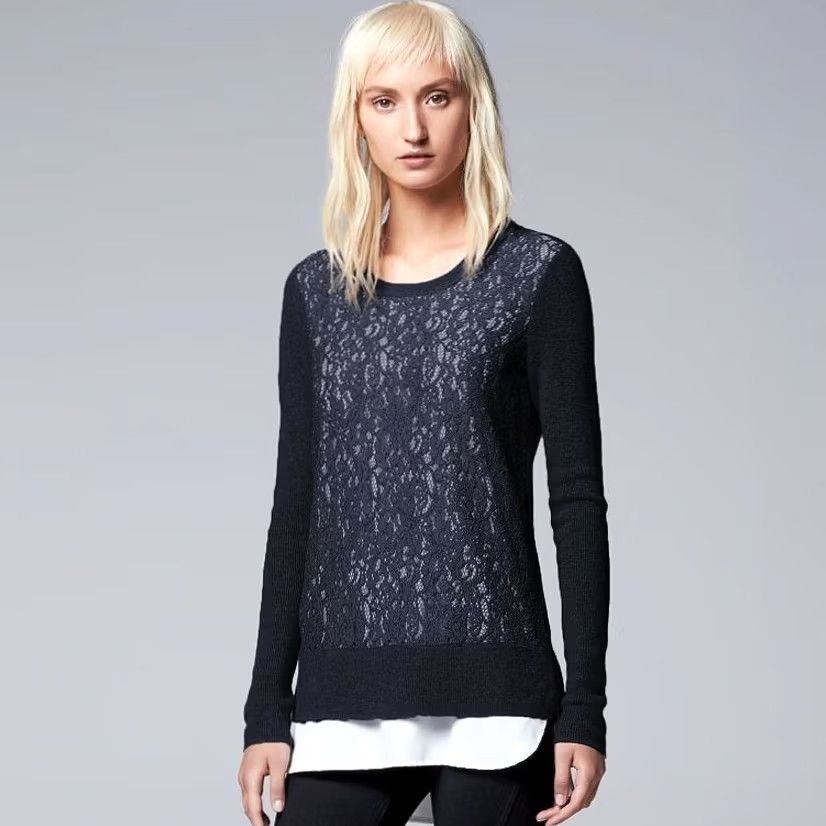 Vintage Simply Vera Vera Wang Sweater Womens L Black Lace Front Crewneck Long Sleeve Size L / US 10 / IT 46 - 2 Thumbnail