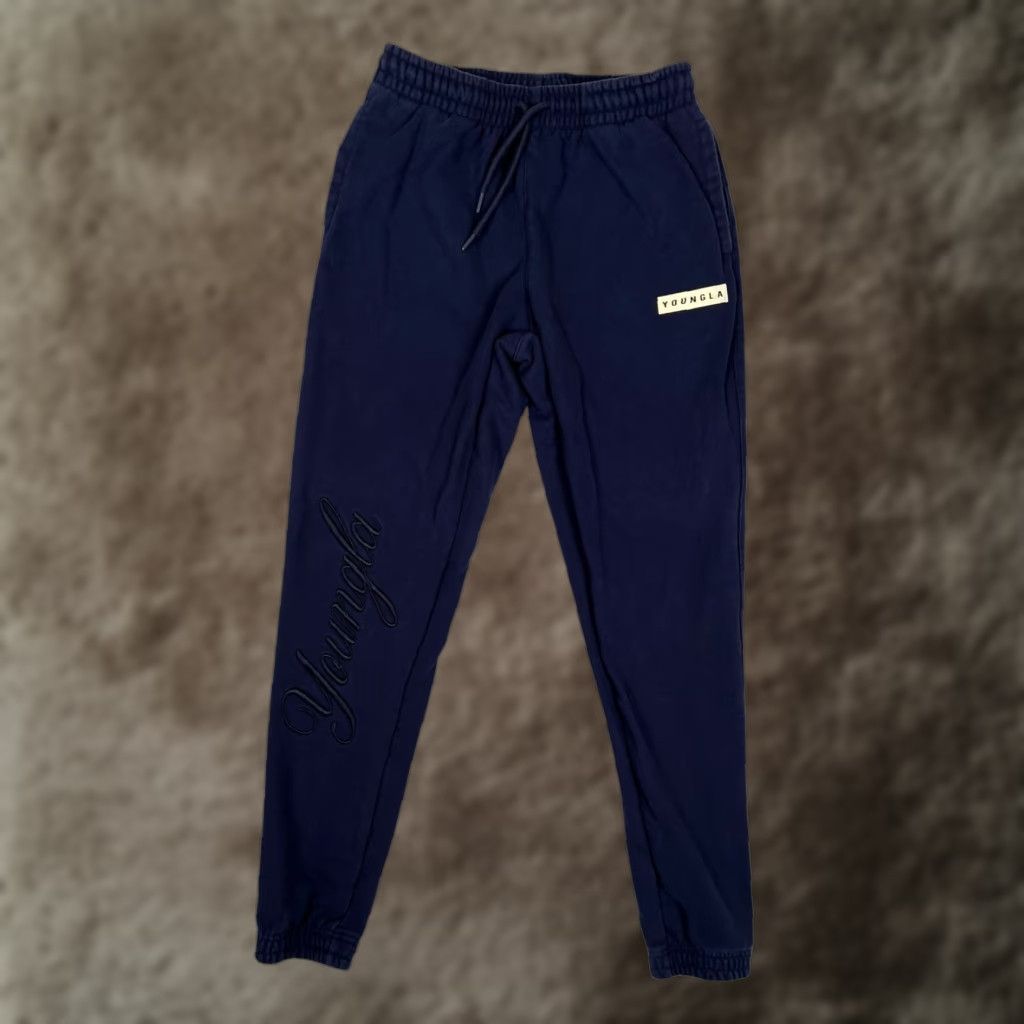 YoungLA YoungLA Sweatpants Mens Medium Blue Fleece Joggers Tapered Athletic Embroidered Slim Pockets Drawstring Waist Inseam 29in Regular Cotton Size US 31 - 1 Thumbnail