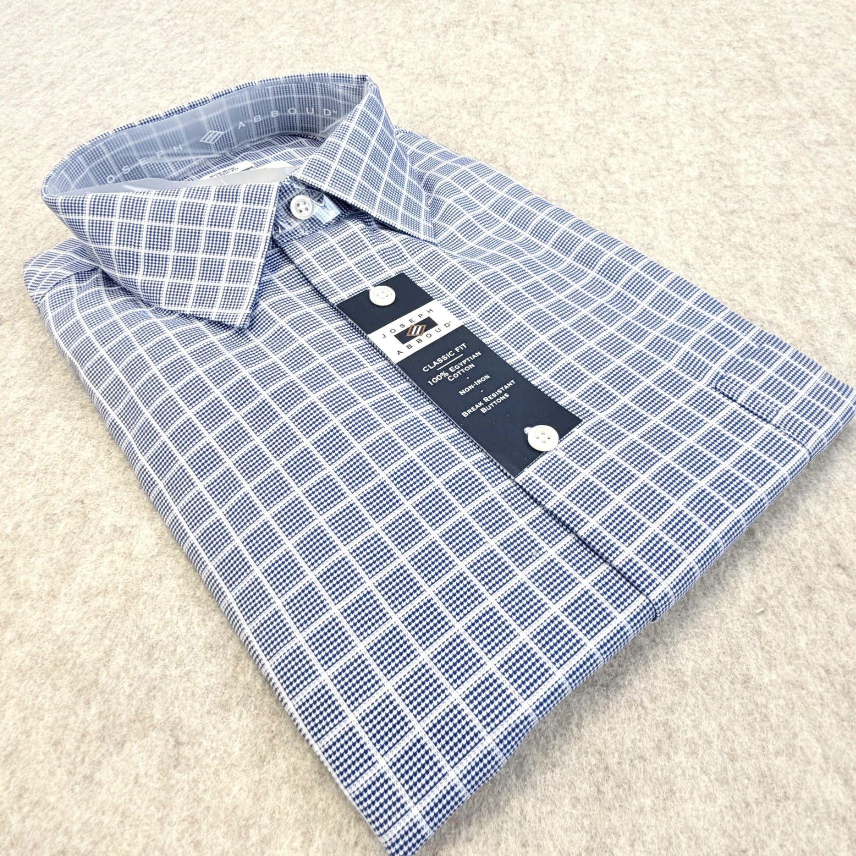 Joseph Abboud Dress Shirt Mens 18 34/35 Blue Check Classic Fit Non Iron  Cotton