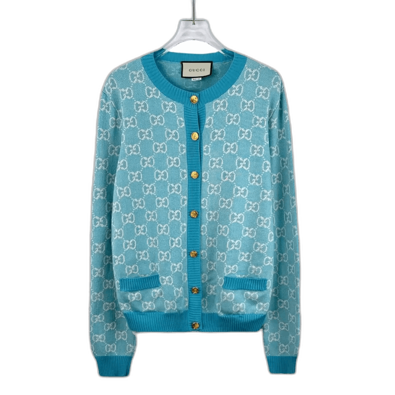 Gucci Light Blue Logo Knit Cardigan Sweater