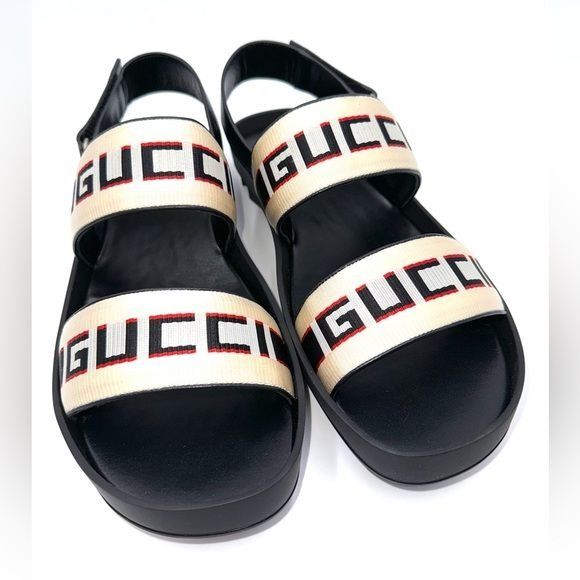 image of Gucci Nylon Cirano Lux Stripe Mens Cleat Sole Slingback Sand Shoes in Black (Size 12)