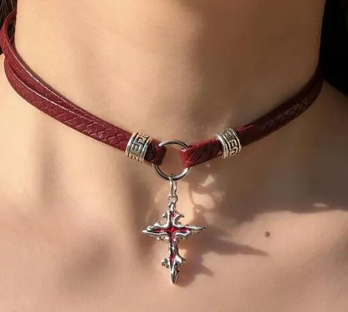 Jewelry Red Leather Cross Charm Choker Necklace, Gothic Jewelry Size ONE SIZE - 6 Thumbnail