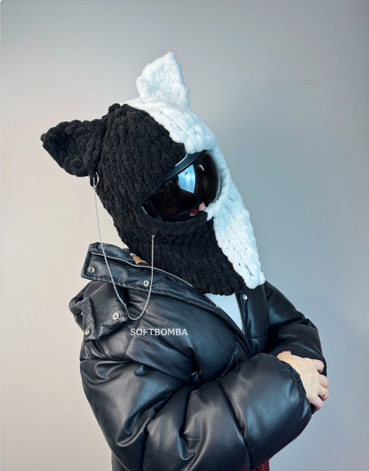 Handmade Cat helmet cover balaclava with ears . Black Ski mask Size ONE SIZE - 3 Thumbnail