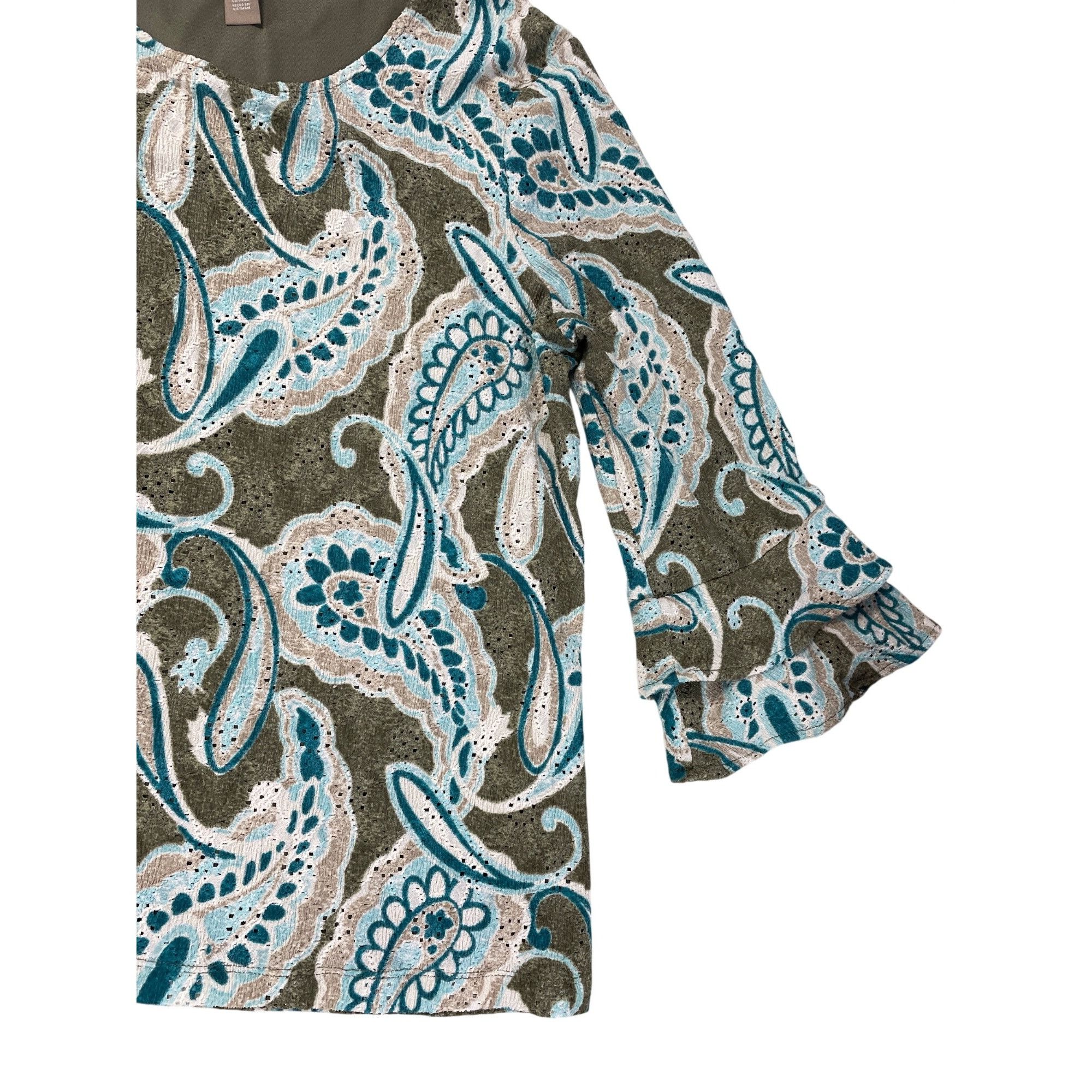 Chicos Chicos Womens Paisley Bell Sleeve Top Size 1 Green/Turquoise Size XS / US 0-2 / IT 36-38 - 4 Thumbnail