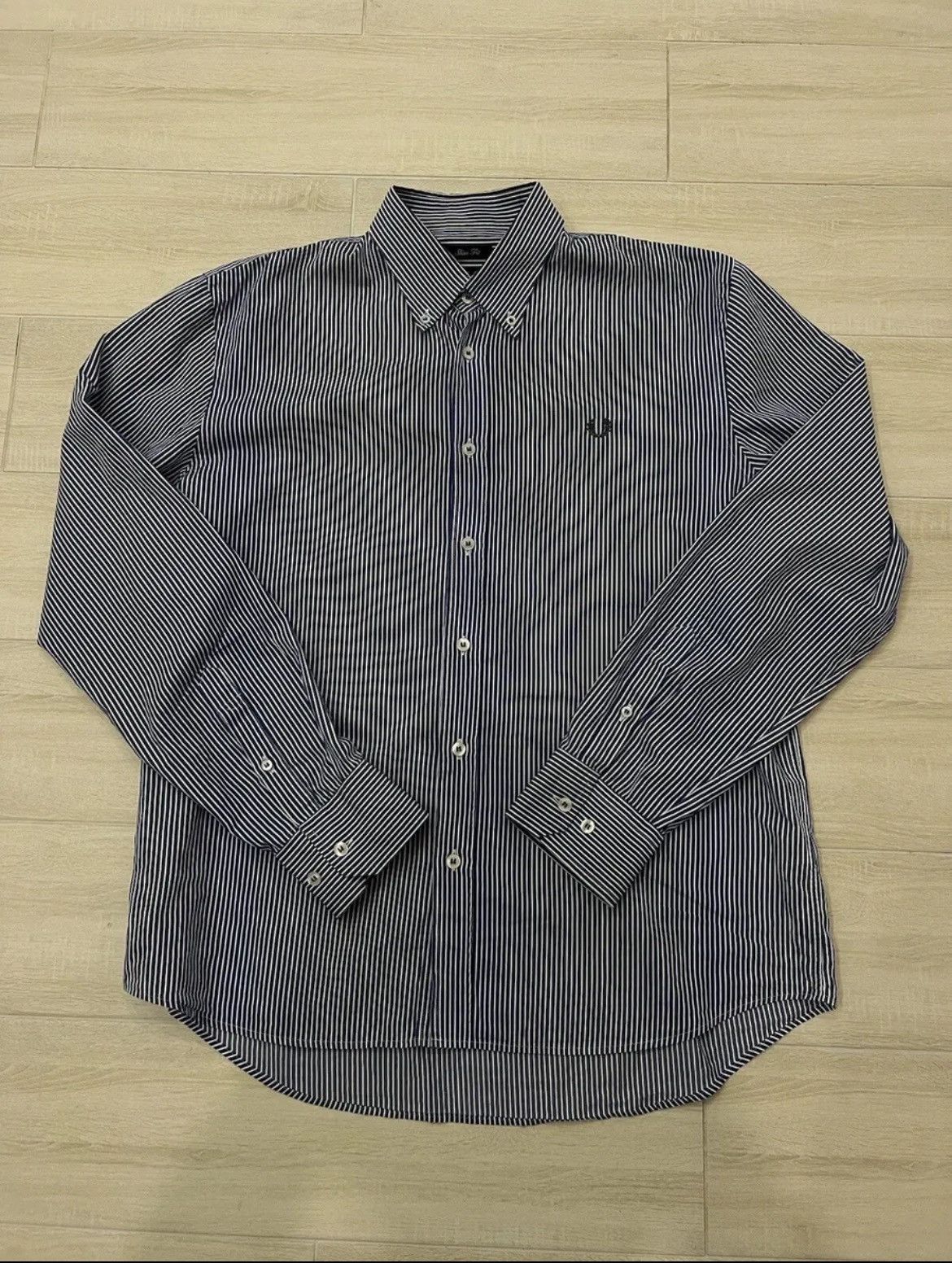 VTG Shirt Fred Perry Blue Striped with Big Logo Long Sleeve