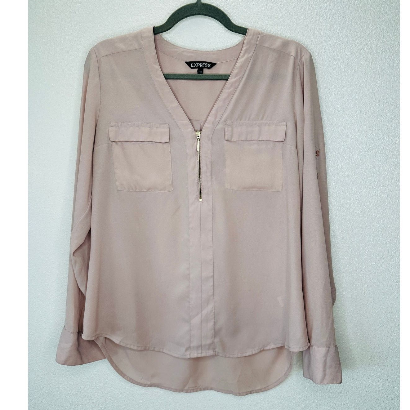 Express Express Pale Peach Two Pocket Zip Front Roll Tab Sleeve Top Size M / US 6-8 / IT 42-44 - 2 Thumbnail