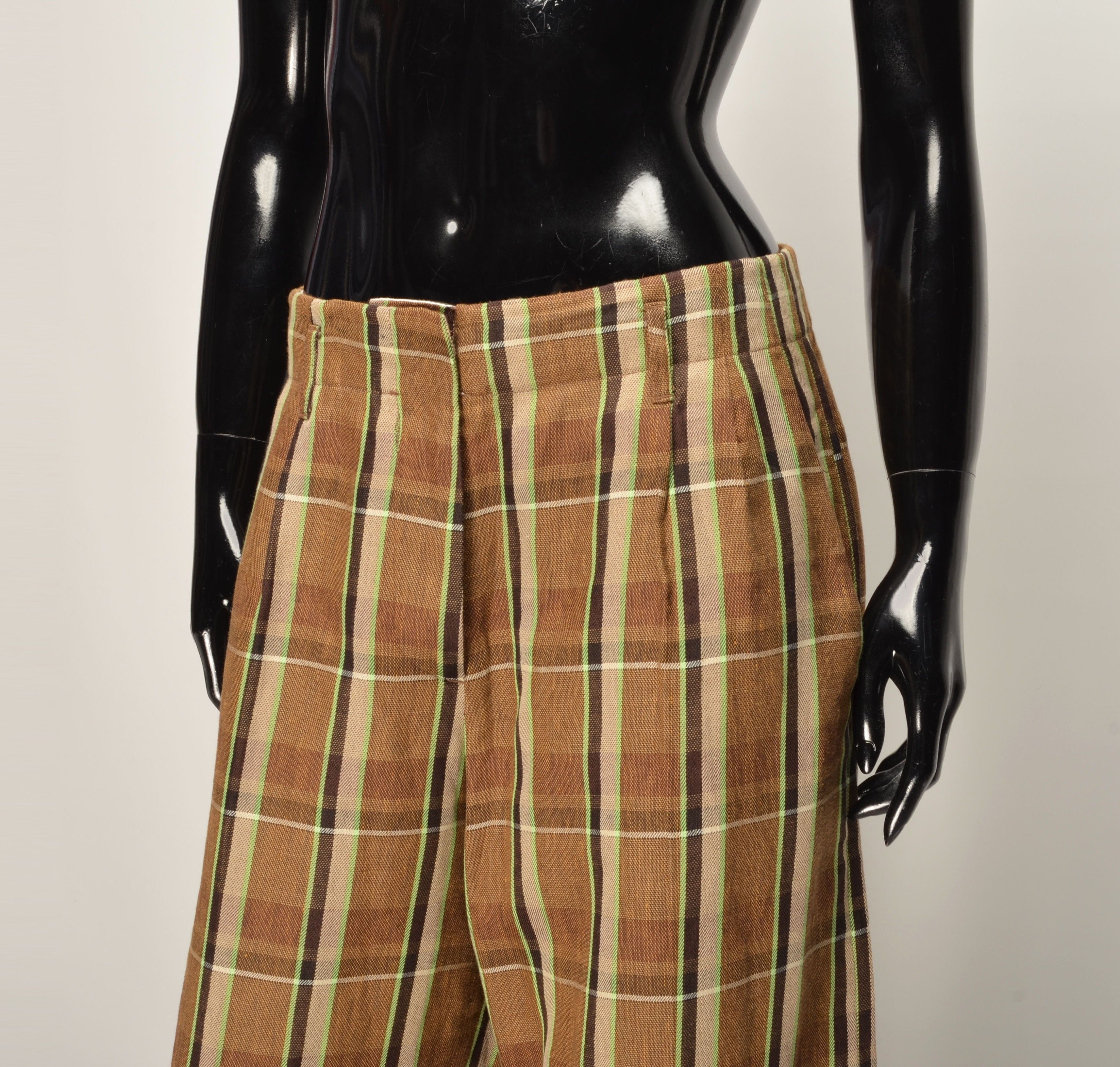 Designer Tela Linen Blend Plaid Wide Leg Trousers Pants Size 28" / US 6 / IT 42 - 2 Thumbnail