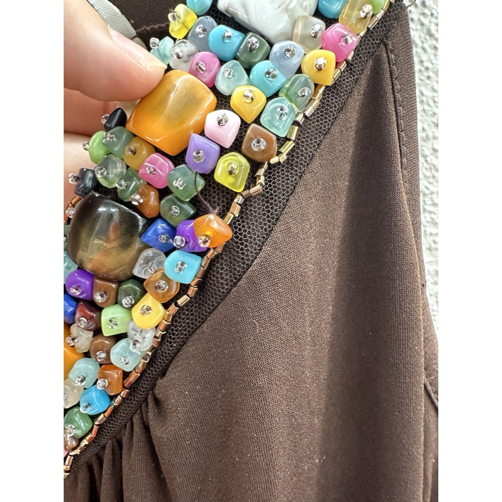 Vintage Carrie Allen Womens Maxi Dress Brown Gemmed V-Neckline Dress Maxi Sleeveless M Womens Brown Gemmed V-Neckline Carrie Allen Maxi Dress Size M / US 6-8 / IT 42-44 - 4 Thumbnail