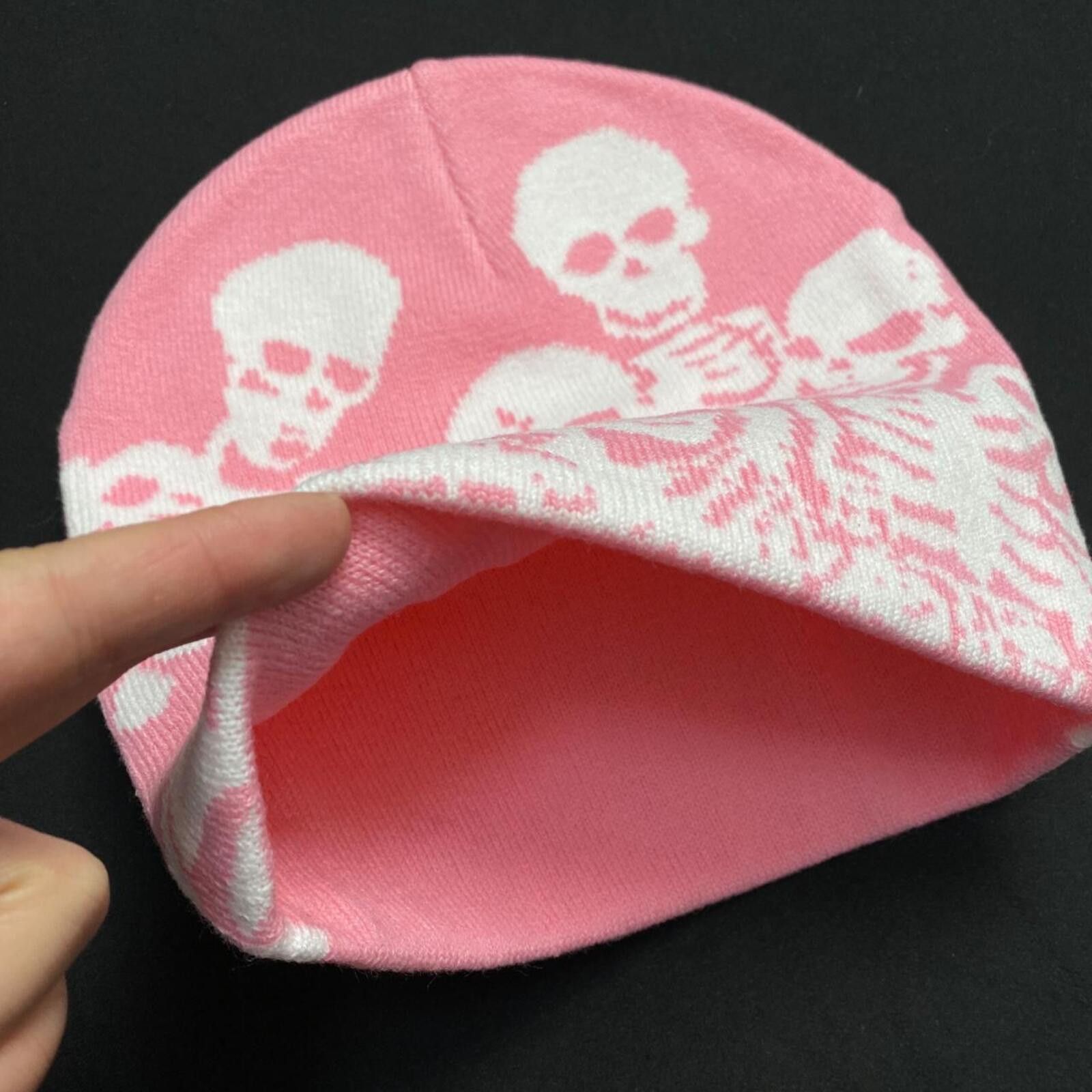 Japanese Brand Y2k Skeleton Graphic design No Cuff Knit Pink Beanie Size ONE SIZE - 5 Thumbnail