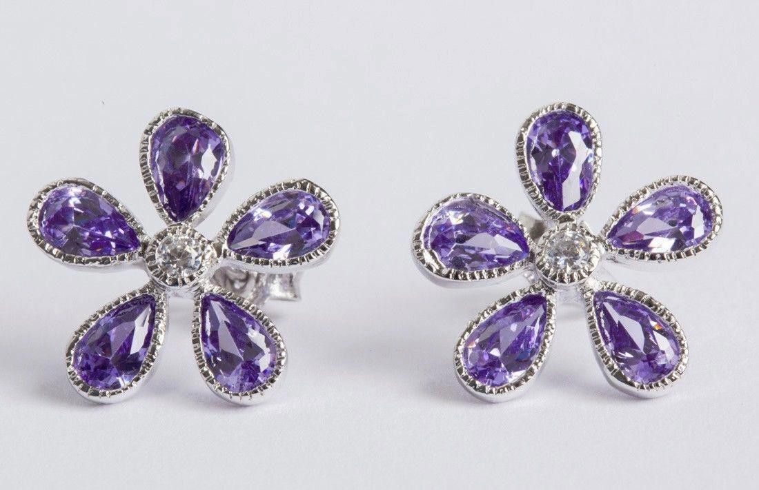 Designer Sterling Silver Colored Cubic Zirconia Flower Earrings Size ONE SIZE - 1 Thumbnail