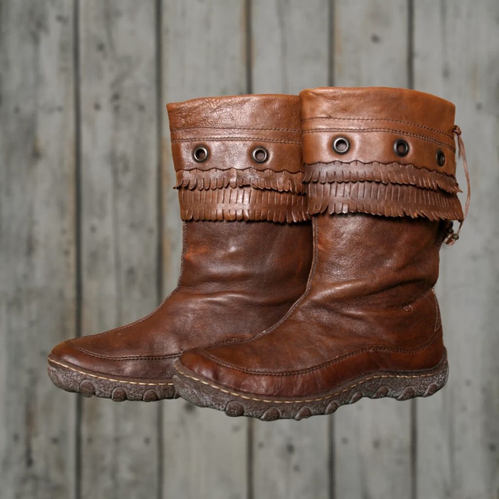 Born BORN Brown Leather Grommet Scallop Fringed Mid-Calf Boots Sz. 6.5 Women Military/Moccasin Style Shoes? Size US 7 / IT 37 - 1 Thumbnail