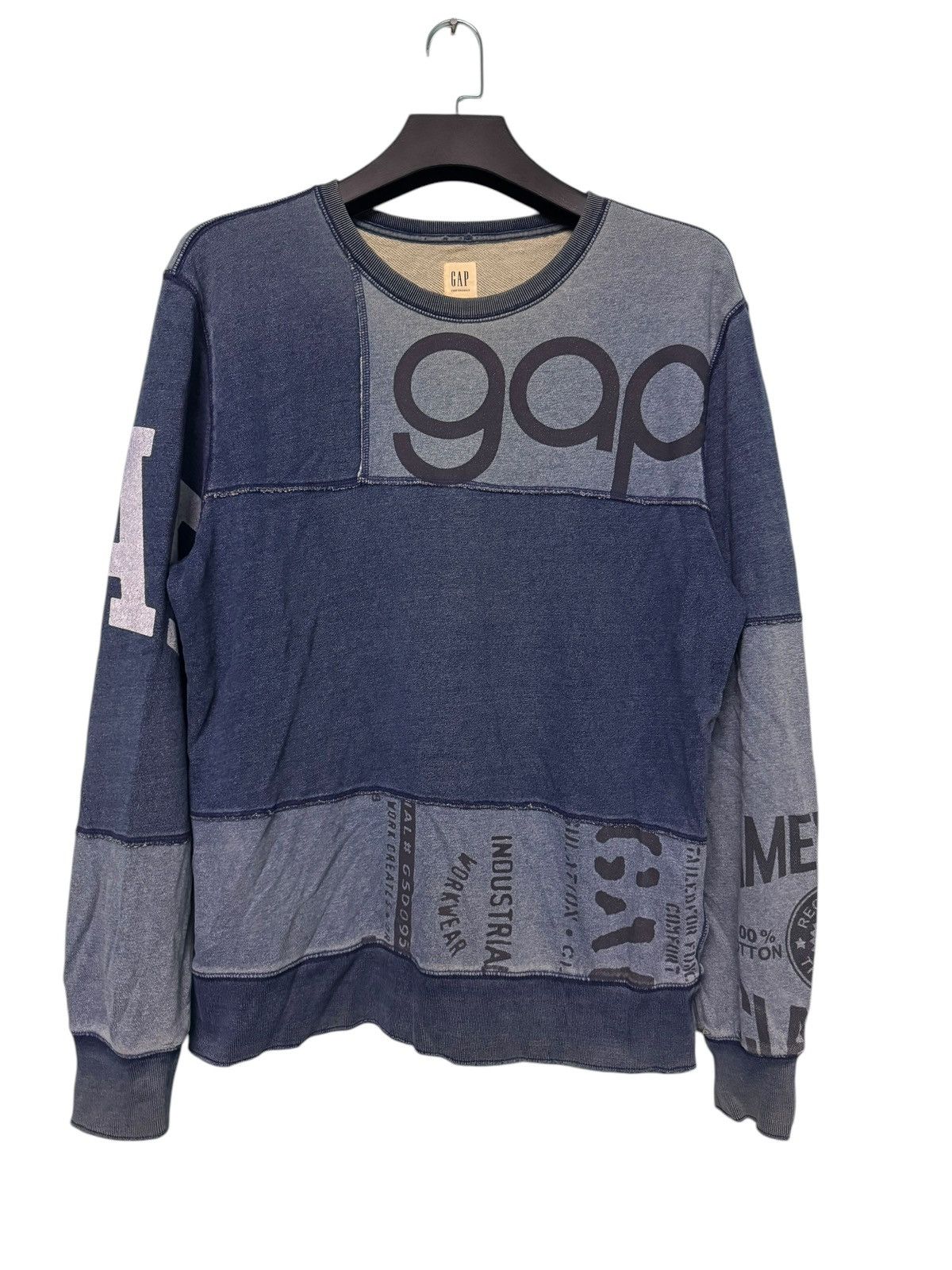 Gap × Vintage VINTAGE GAP INDIGO PATCHWORK SUNFADED DAMAGE SWEATSHIRT Y2K Size US L / EU 52-54 / 3 - 1 Thumbnail