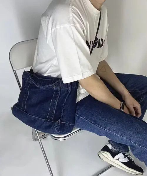 Fashion Denim Shoulder Bag Messenger Bag in Navy Blue, Men's