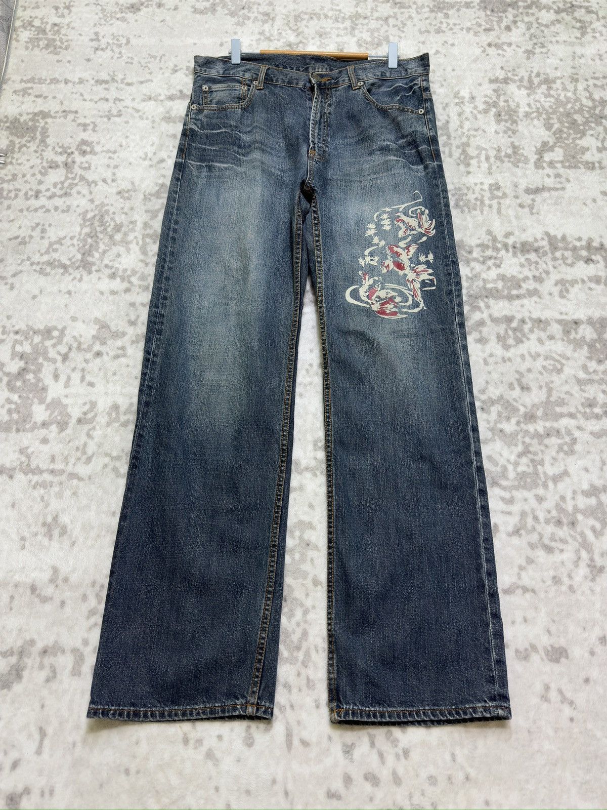 Japanese Brand Rare Japan Traditional Koi Acid Wash Printed Denim Pants Size US 34 / EU 50 - 1 Thumbnail