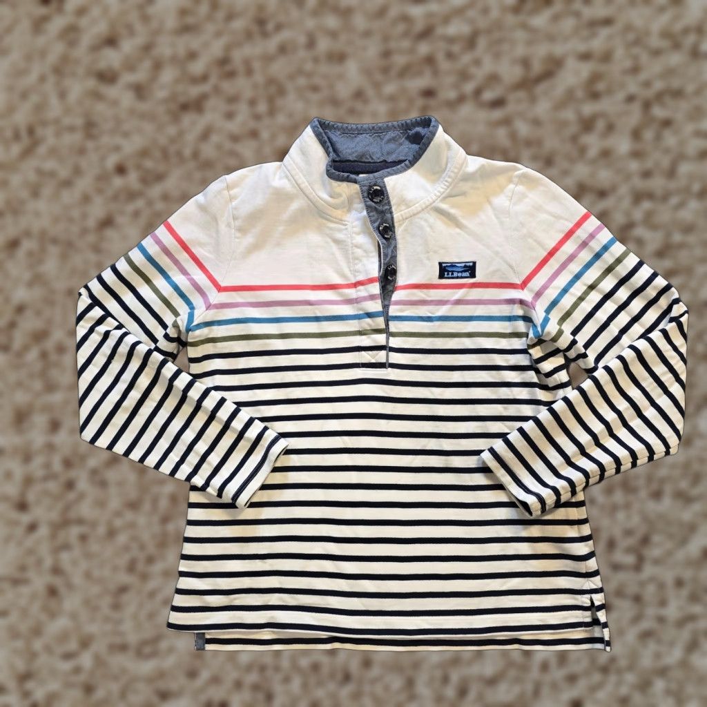 Vintage LL Bean Sweater Women Petite Small White Rainbow Rugby Stripe Preppy Casual Pullover Knit Mock Neck Long Sleeve Size S / US 4 / IT 40 - 1 Thumbnail