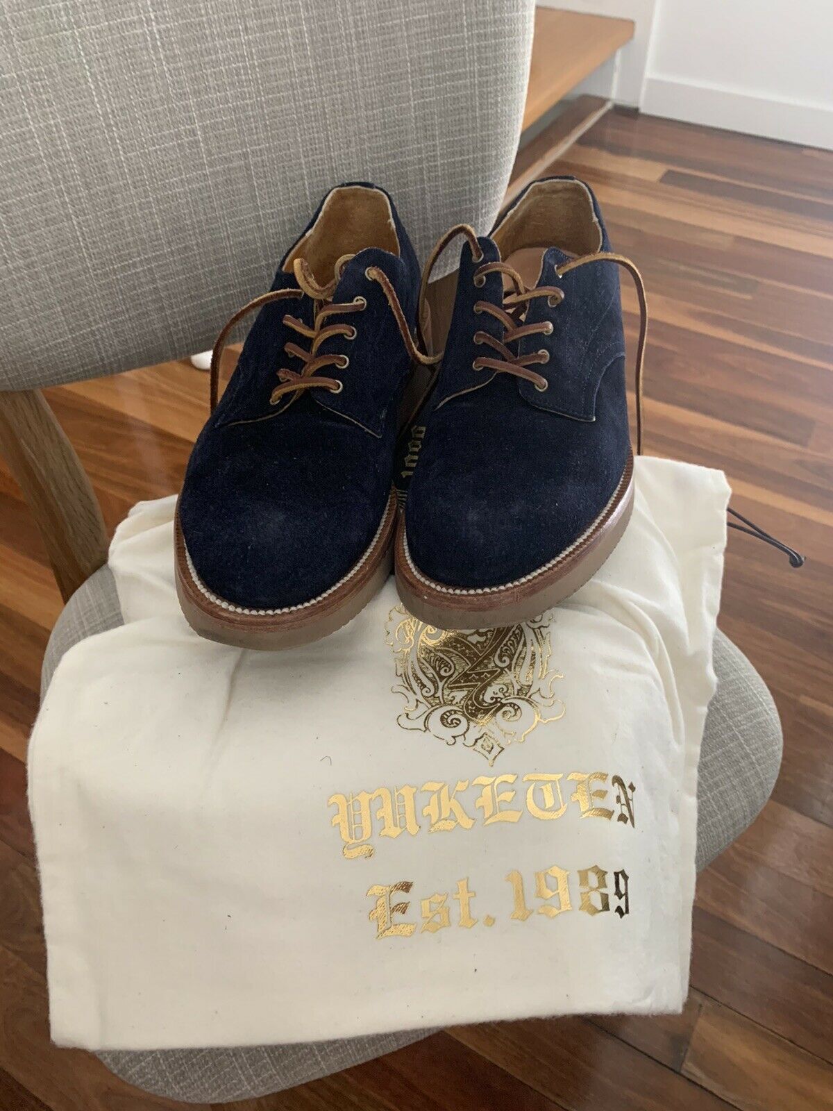 image of Yuketen Walker Suede Blucher Shoes in Navy Suede, Men's (Size 10)