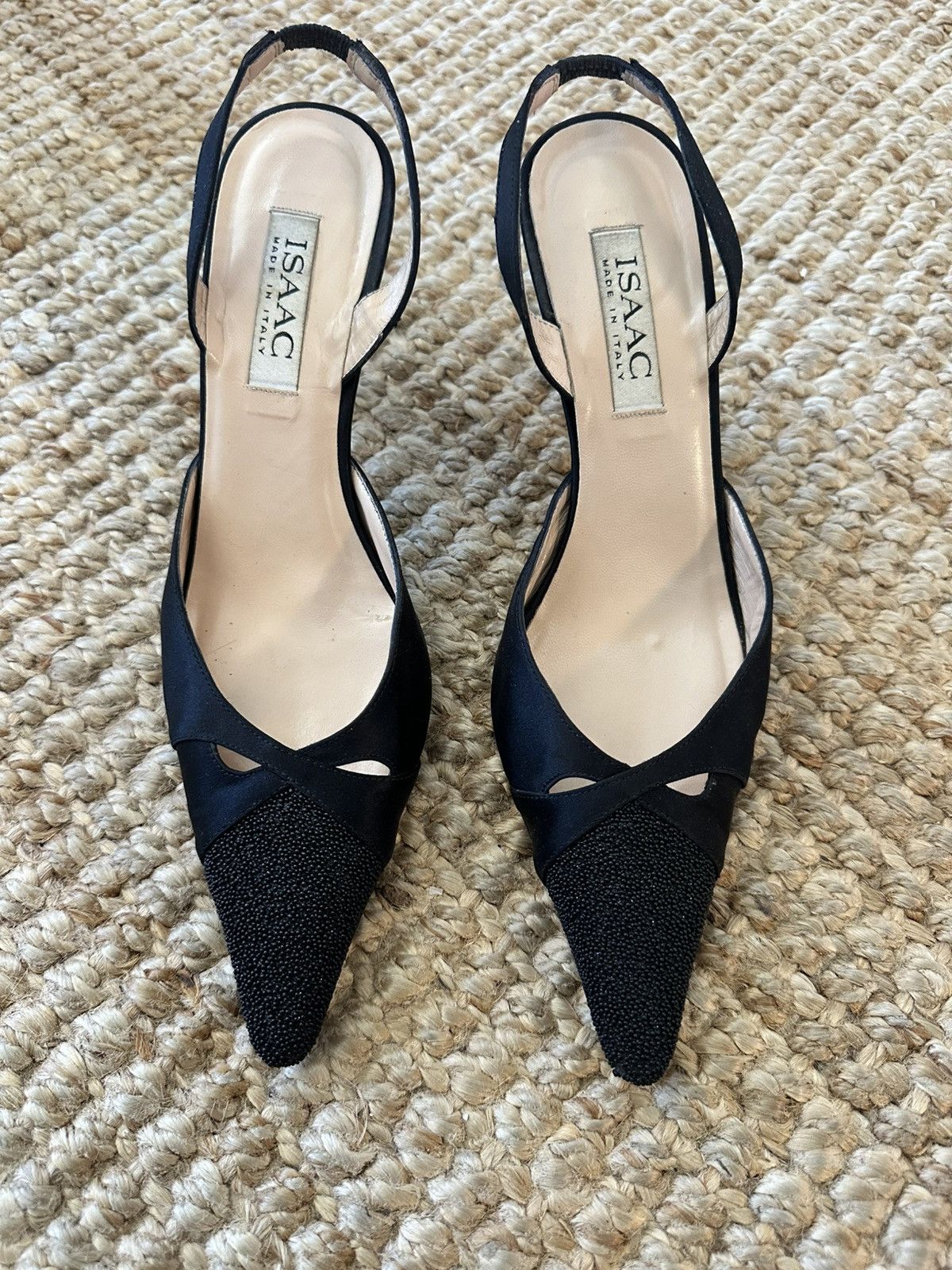 Isaac Mizrahi Isaac Isaac Black Satin and beaded Slingback Heels SZ 9 Size US 9 / IT 39 - 1 Thumbnail
