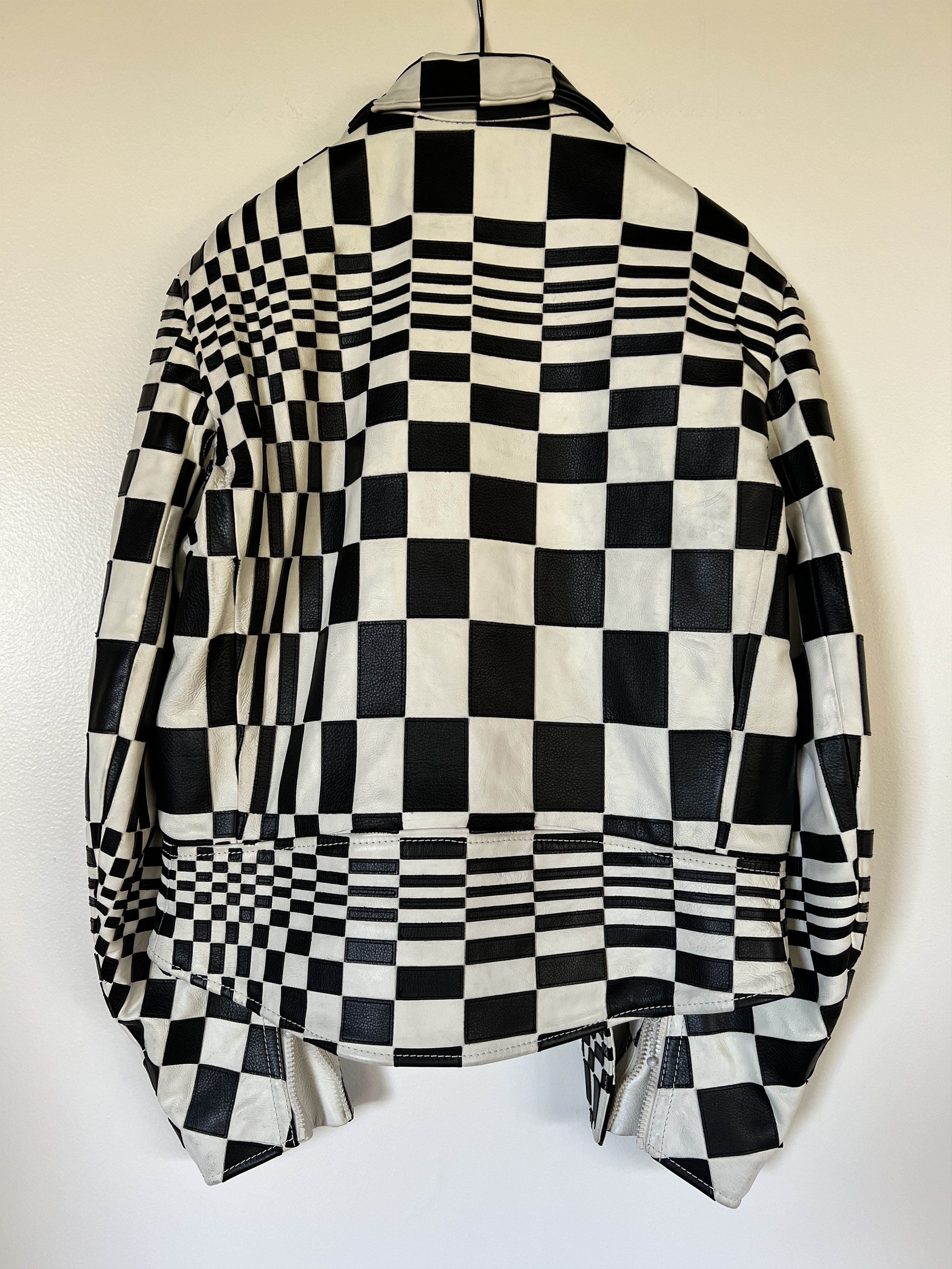 SS21 RUNWAY CHECKER PATCHWORK LEATHER BIKER JACKET SZ 46