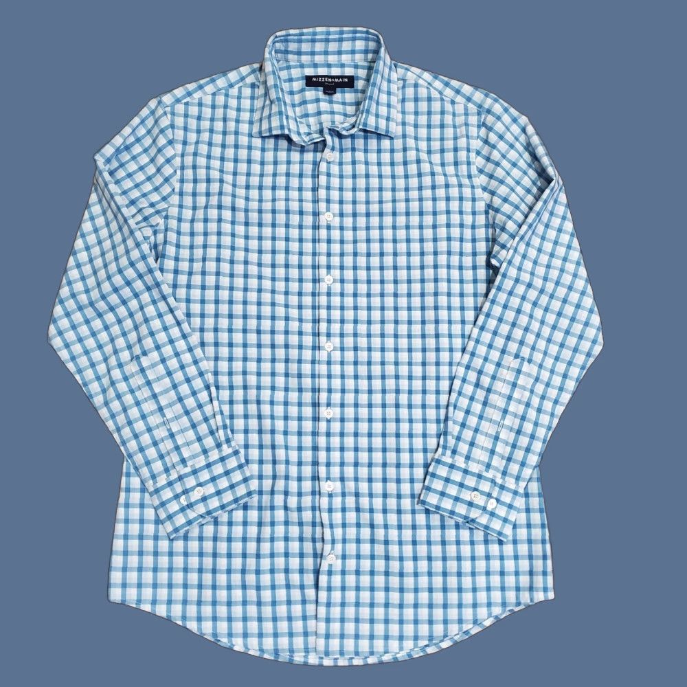 Mizzen+Main VINTAGE not applicable, so: Mizzen+Main Leeward Shirt Mens L Blue Gingham Trim Fit Performance 1WS-0950 Size US L / EU 52-54 / 3 - 1 Thumbnail
